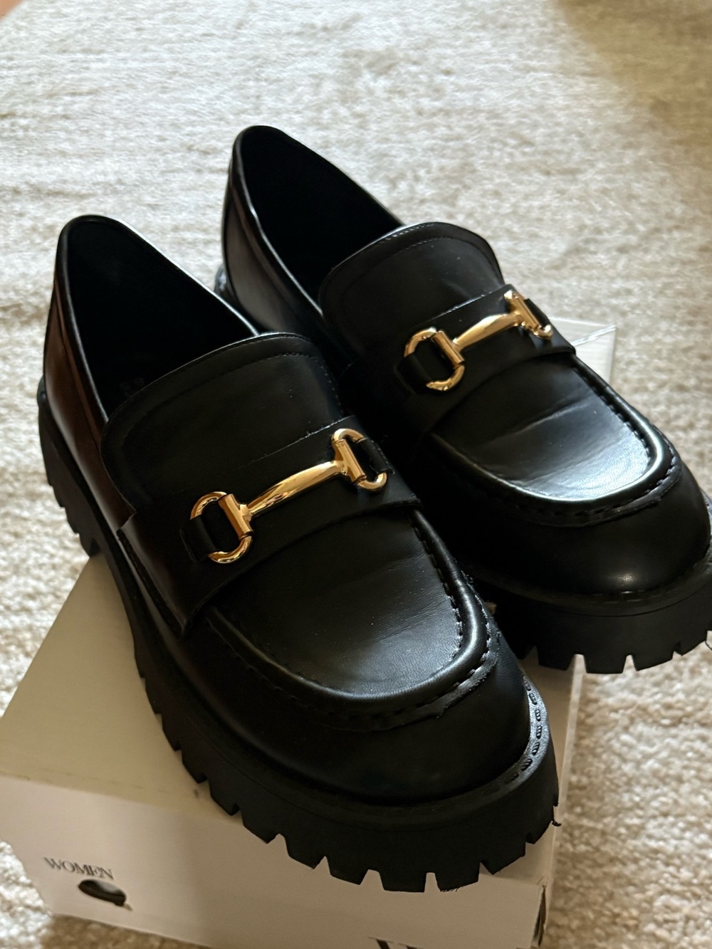 Black Leather Lug Sole Loafers with Gold Bit Hardware